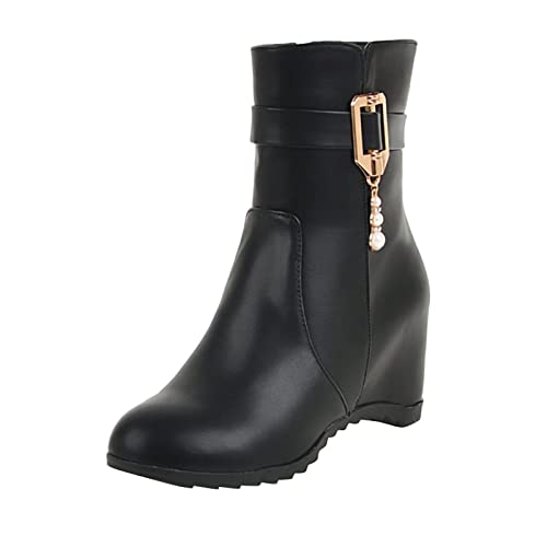 Dasongff Señoras Color Sólido Cuero Cara Perla Hebilla Cinturón Cremallera Moda Zapatillas elevadoras Interior Botas Mujer Barato, Le Noir, 42 EU