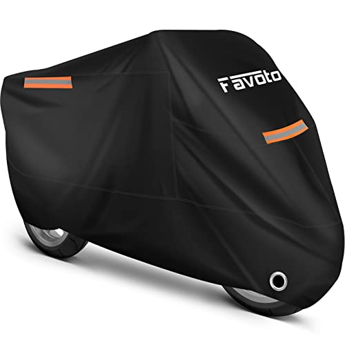 Favoto Funda para Moto Cubierta de la Motocicleta 210T Protectora Poliéster con Banda Reflectante a Prueba de Sol Agua Lluvia Polvo Viento Nieve Excremento de Pájaro al Aire Libre XL 220cm Negro