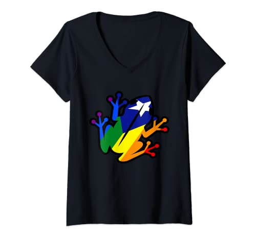 Mujer Arco Iris Puertorriqueño Rana Coqui Camiseta Cuello V