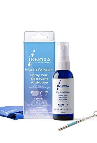 INNOXA Spray 2 en 1 limpiador y antivaho para gafas – Incluye microfibra de limpieza + mini destornillador – Protección de larga duración contra el empañamiento y limpieza de lentes – 30 ml