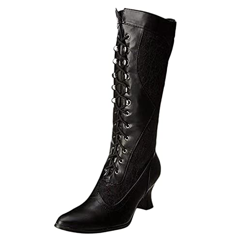 Botas De Las Mujeres De Tacón Alto De Moda De Encaje De Punta Puntiaguda Zapatos De Cremallera Lateral Botas De Mediados De Tubo, Le Noir, 39 EU