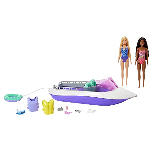 Barbie Mermaid Power Barco que flota con dos muñecas Malibu y Brooklyn con bañador y accesorios acuáticos, juguete de regalo +3 años (Mattel HHG60)