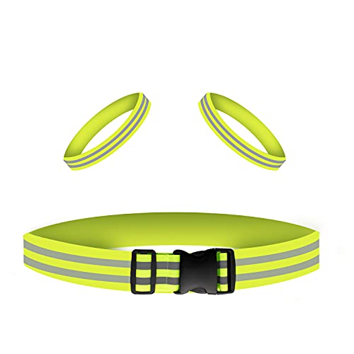 A-M AMONENZ Cinturón Reflectante y 2 Piezas Brazalete Reflectante, Ajustable Cinturón de Running Luminoso, Verde Bandas Reflectantes Elásticas, se Puede Utilizar para Trotar, Andar en Bicicleta