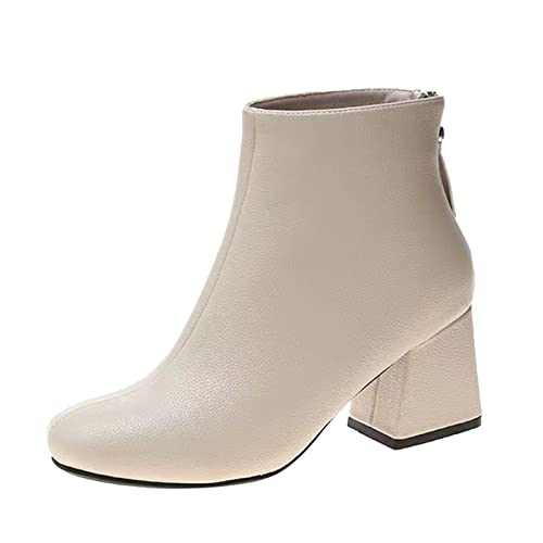 Dasongff Botines planos para mujer – Botas indias con flecos para mujer, tobillo, zapatillas de invierno, botas de moto, cruz, botas de invierno, botas de plataforma, tacón y botas baratas, beige, 40