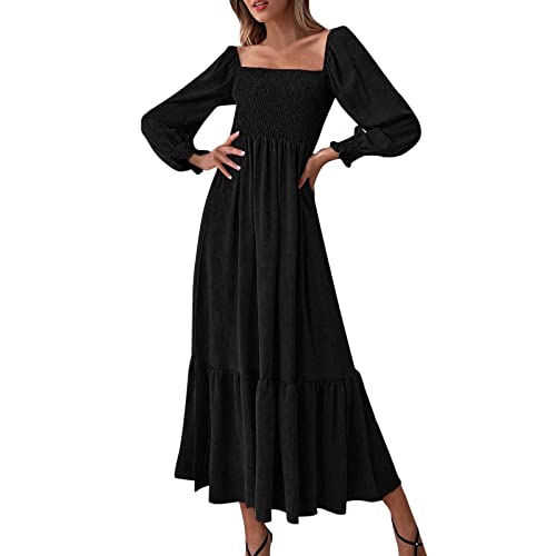 Vestido de Cintura Alta de Manga Larga con Cuello Cuadrado y Bordes con Volantes Falda Casual de Estilo Ajustado para Damas Vestido Casuales De Mujer Baratos(Negro,S)