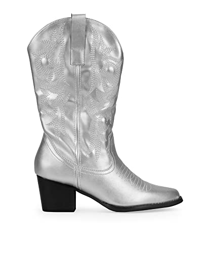 BOSANOVA Bota cowboy con detalle de cosido decorativo en la caña, tacón de 5'5 cm y cierre con cremallera. Calzado para mujer PLATA 38