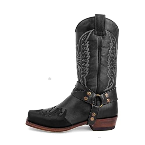 Botas de Vaquero para Hombre, Botas Cowboy y Biker, Botas Occidentales de Piel, Botas a Media Pierna Sin Cordones Antideslizantes