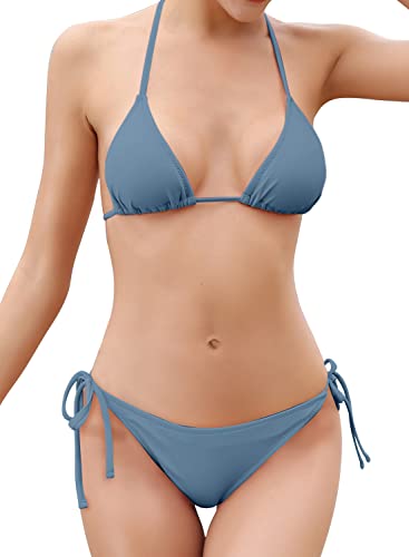 SHEKINI Traje de Baño de Dos Piezas Mujer Acolchada Clásico Ajustable Halter Triángulo Bikini Top Bikini Brasileño Cintura Baja Bikini Bottom Bikini de La Playa(XL, Fairy Blau)