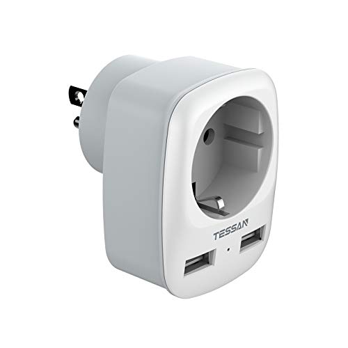 TESSAN Adaptador Europa a USA, Adaptador EEUU con 2 USB, Enchufe Americano USB para Canada Mexico Colombia Tailandia, Adaptador Enchufe Americano 2 Patas Europa hacia 3 Patas EEUU, Tipo B, Blanco