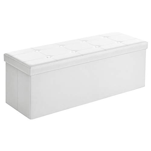 SONGMICS Puff Almancenaje, Banco Almacenaje, Capacidad de 120 L, Capacidad de Carga 300 kg, Tapizado PVC, Acolchado, para Sala de Estar, Dormitorio, Entrada, Blanco LSF702