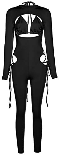 Two-Piece Woman'S Sexy Party Bodysuit, Long Sleeve Hollowed-out Suit Club Tracksuit Sets Jumpsuit (Black, M)