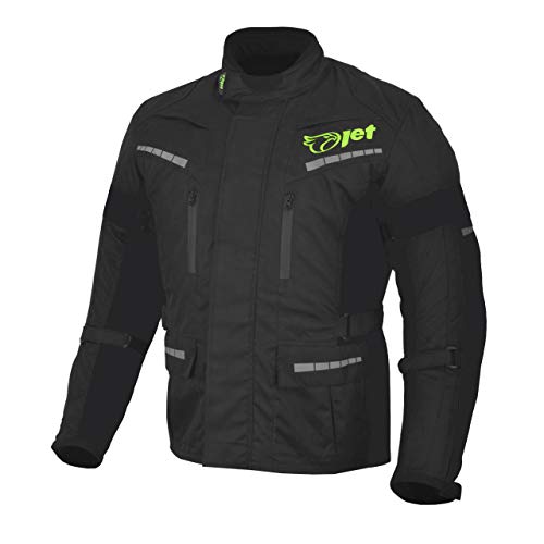 JET Chaqueta de Moto Textil Negra Fluro Impermeable con Armadura CE - Negro Completo, 4XL - 48