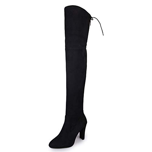 UMore Mujer Elegante Botas Altas Tacón Anchos Botas Muslo Cremallera Botas Altas hasta La Rodilla Talón Grueso Punta Redondeada para Mujer…