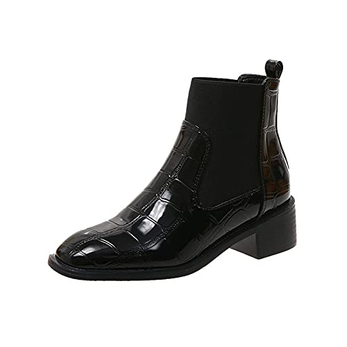 Serria Zapatos para mujer estilo cuero guapo inglés zapatos de mujer de tacón medio botas de mujer Botines Mujer Mostaza (Black, 39)