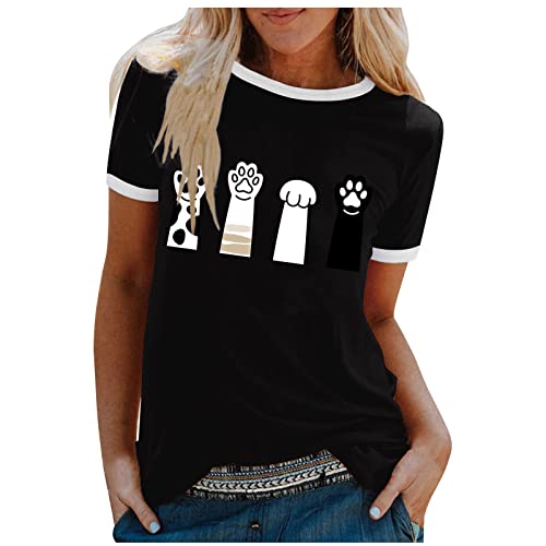 Blusa de mujer de gran tamaño con cuello redondo, manga corta, costuras, color, gato, estampado de rayado, patrón, camiseta para vacaciones, fiesta de neón, Negro , M