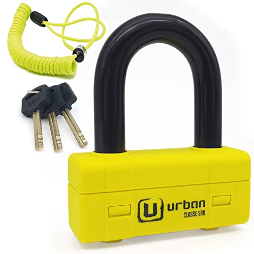 urban UR75 Candado Antirrobo Moto Alta Seguridad Homologado Sra, Mini U 18 mm Bloqueo Disco, Más polivalente 75x48 mm, Amarillo