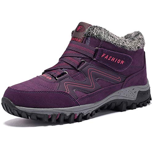 BaiMoJia Botas de Senderismo Nieve Mujer Cálidas Invierno Piel Forro Zapatillas de Senderismo Hombre Zapatos Trekking Morado 36 EU (Etiqueta 36)