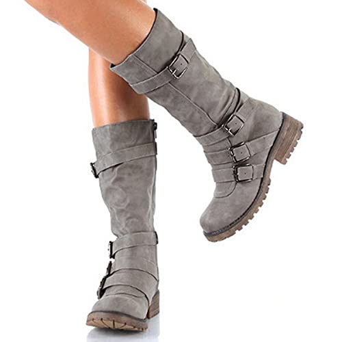 Zapatos para Mujer hasta la Rodilla Damas - Vintage PU Cuero Hebilla Cierre de Cremallera Botines de Montar Botas Vaqueras Occidentales - Botas de Traje Steampunk (Gris 34 EU)