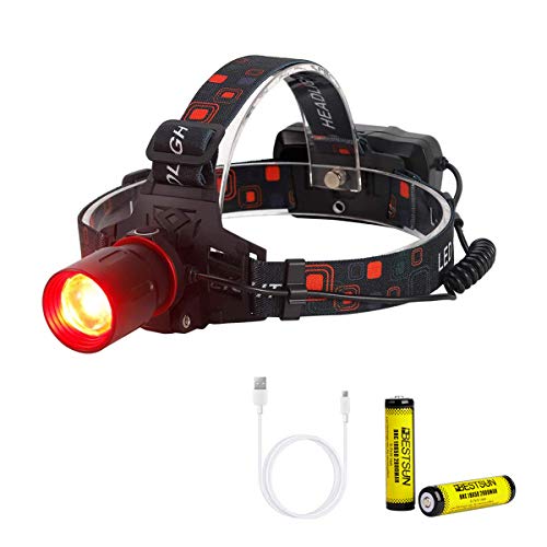 XLENTGEN Linterna Frontal LED Recargable 800 Lúmenes Linterna Cabeza de Luz Roja con Enfoque Ajustable & 3 Modos, Luz Frontal Cabeza Impermeable para Pescar, Astronomía, Caza