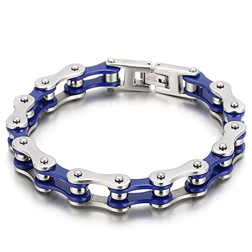 WTZWY Rock Bike Bikers Cool Pulsera Cadena para Hombre, Pulsera Eslabones Bicicleta Hombre y Niño (Azul y Dorado), Joyería Acero Inoxidable con Diseño de Estilo Cubano,Azul