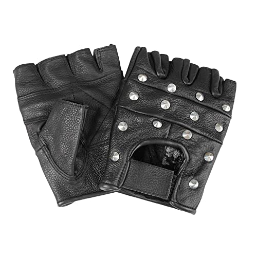 Biker Guantes sin dedos de piel con remaches negro M