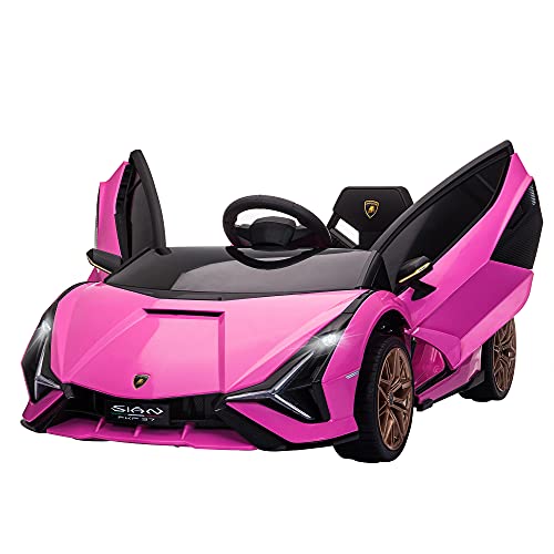 HOMCOM Coche Eléctrico Lamborghini SIAN 12V para Niños de +3 Años con Mando a Distancia Apertura de Puerta Música MP3 USB y Faros 3-8 km/h 108x62x40 cm Rosa