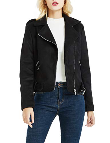 BELLIVERA Chaqueta Corta de Gamuza Sintética para Mujer, Chaqueta Moto, Bolsillos con Cremallera, Bota de Gamuza Sintética, Negro, L