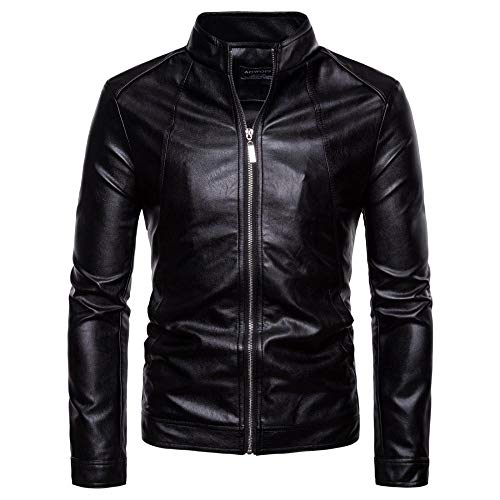 Chaqueta de Cuero de Moto para Hombre con Cuello Alto y Boutique Chaqueta de Cuero de PU Lavada M-5XL-Negro_L