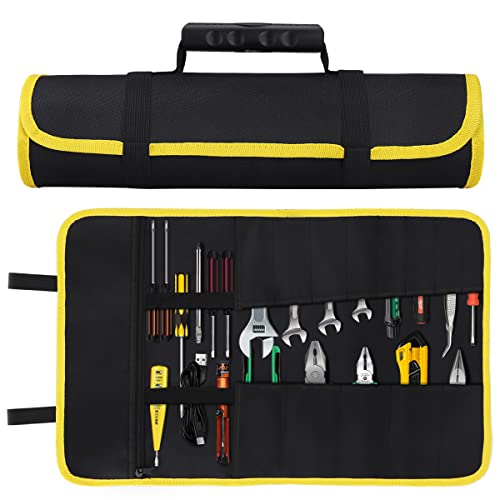 Bolsa Organizadora de Herramientas, Bolsa Porta Herramientas de Tejido Oxford 600D, Bolsa Enrollable con Bolsillo de Cremallera Para Electricistas/Carpinteros/Fontaneros/Automóviles - Negro