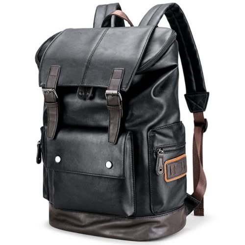 CHAO RAN Mochila vintage de cuero para laptop para hombres, mochila de cuero negro para trabajo, negocios, viajes, impermeable, mochila universitaria para laptop de 16 pulgadas, Negro -, L, Vintage