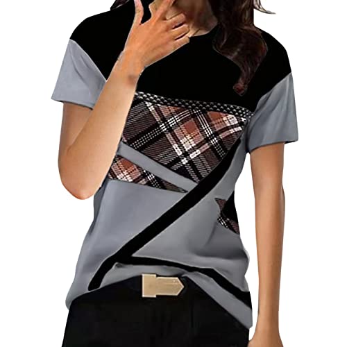 Mujeres Verano Moda Casual O Cuello Geométrico Color Bloque De Manga Corta Casual Suelto Camisetas Top Impreso Camisetas Mujer, gris, XL