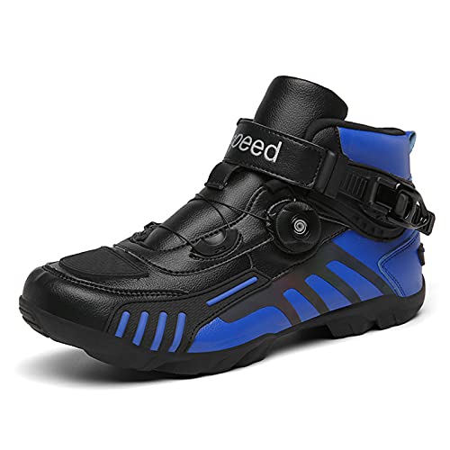 Zapatos Moto Negro Botines Cortos Motocross Piel Impermeable, Moto Zapatos Todoterreno Botas Deportivas de Carreras,Blue-42