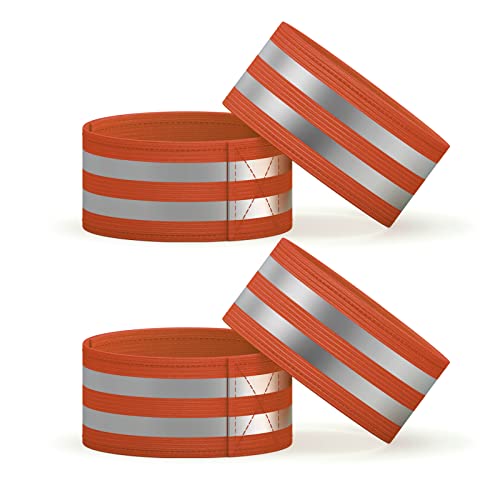 FUN.JPG® Lote de 4 Banda Reflectante de Seguridad Alta Visibilidad Brazalete Reflectante para Niños y Adultos Cinta Reflectora Elástico para Correr, Ciclismo, Jogging, Senderismo Naranja