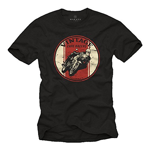 MAKAYA Ropa Motorista Hombre - Vintage Cafe Racer - Camiseta Moto Negra XXL