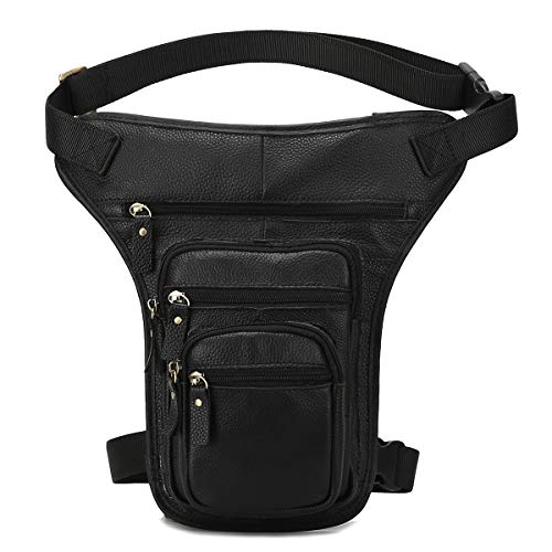 Leathario Riñonera de Piel Auténtica Pierna Vintage Multifuncional para Hombres Bolso de Cintura Cadena Cuero Genuino Moto Ciclismo Senderismo Viaje (Negro 04)