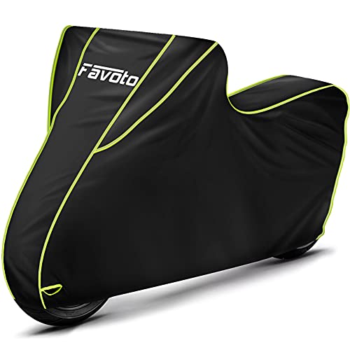 Favoto Funda para Moto Cubierta de la Motocicleta 300D Oxford con Largas Tiras Reflectantes a Prueba de Polvo Lluvia Viento Hojas Excrementos de Aves al Aire Libre XXL 245cm Negro+Verde