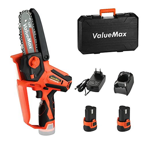 ValueMax 12V Mini Motosierra Portátil Inalámbrica,con 2pc Baterías y 1 cargador, 11cm / 4'' Motosierra Pequeña de Mano para Cortar Madera y Ramas de jardín