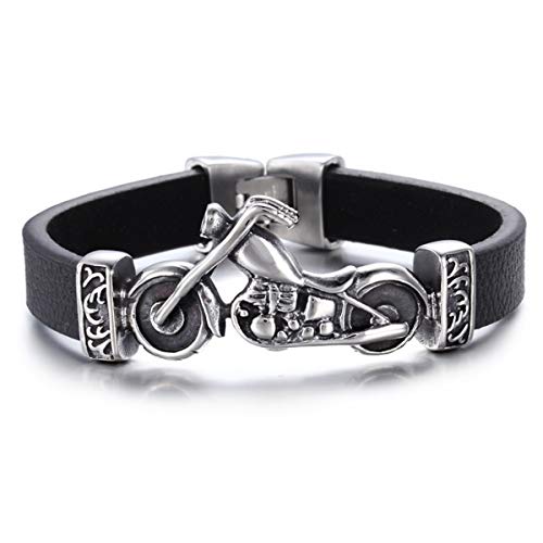 ESTUYOYA - Pulsera de Cuero Negro Auténtico y Motocicleta en Acero Inoxidable Moteros Rock Piel Genuina para Hombres y Mujeres Unisex Moto Chopper Cierre Seguro