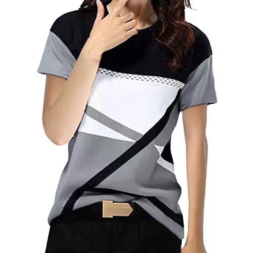 Camiseta de mujer para mujer, blusas y túnicas para mujer, parte superior con hombros descubiertos, verano, moda, informal, cuello en O, bloque de color, manga corta, suelto, vestido libre, Negro , XL