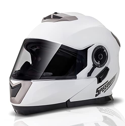 Casco Moto Hombre Mujer Modular Plegable Abatible Color Blanco con Doble Visera - Casco Integral Scooter Adaptado para Blueetooh - Ventilacion 360 Antivaho - Opcion Repuesto Talla L