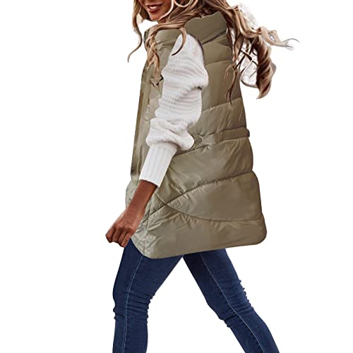 Dasongff Chaleco sin mangas para mujer y otoño – Abrigo para mujer, invierno, chaqueta, chaqueta parka para mujer, primavera, chaqueta ligera para moto, talla grande, cárdigan largo otoño, caqui, M