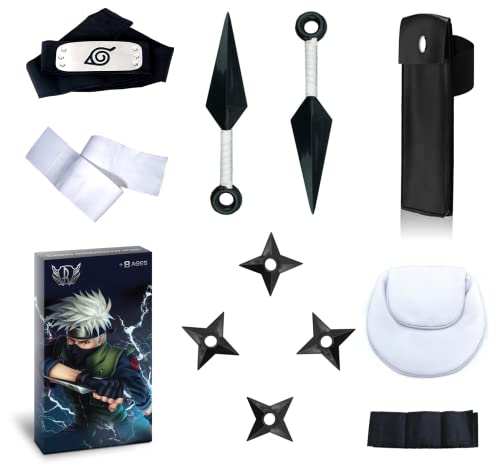 RIVIAX Kunai Grande y Shuriken Naruto, Bandana y Bolsas Ninja Juguete, Set Accesorios Armas Plástico 26cm, Disfraz Traje Cosplay Serie Anime Japonés Kakashi, Regalo Cumpleaños Adulto y Niño/a +8 Años