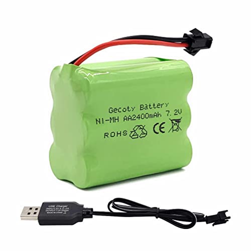 Gecoty® Paquete de baterías 7.2V Ni-MH, batería AA Recargable de 2400mAh, con Conector SM 2P y Cable de Carga USB, para camión RC Tanque RC Barco RC Robot RC