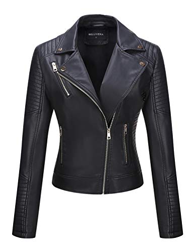 BELLIVERA Chaqueta para Mujer de Cuero PU con Cremallera Bolsillo Primavera y Otoño Motocicleta Corta Chaqueta 53 Negro L