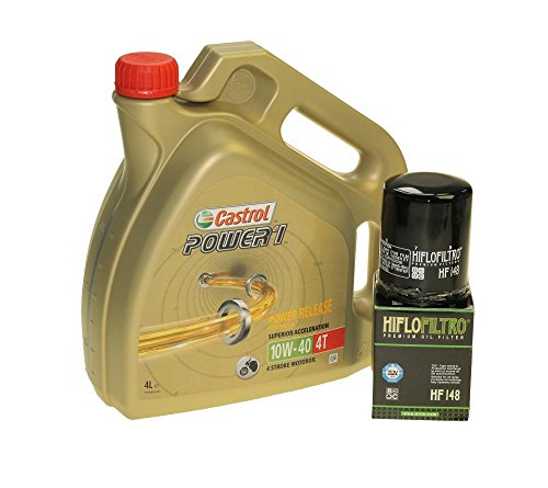 Castrol SAE 10W-40 Power 1 4T - Juego de cambio de aceite (4 L, incluye filtro de aceite Hiflo HF148, por ejemplo, para Yamaha FJR 1300, TGB 425, 525, 550)