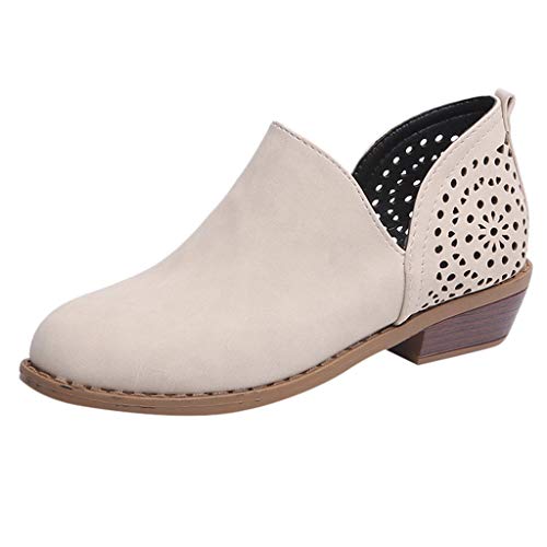 TEELONG - Botas vaqueras para mujer, botas cortas apiladas, botas de piel para mujer, C Beige, 38 EU