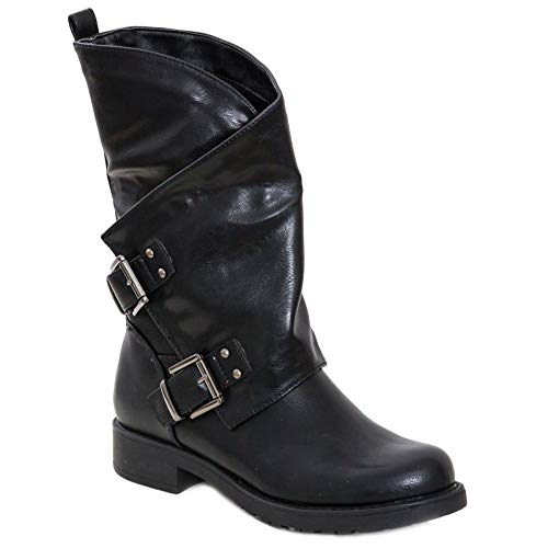 Toocool - Botas de mujer bajas Biker Boots Motociclista Botas Hebillas Anfibios SA9907, Negro , 37 EU