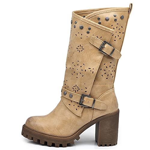 IF FASHION Botas Botas Botas de mujer con tacón grueso Plateau Tacones Piel Sintética G669, 669 Beige, 41 EU