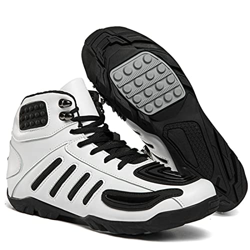 Botas de Moto de Cuero Zapatos de Moto de Carreras Antideslizantes para Hombre Protección de Motocross Zapatos de Tobillo Deportivos de Carreras Blindados,White-37