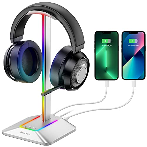 New Bee Soporte Auriculares, Soporte Cascos RGB con Cargador USB Tipo C y Transferencia de Datos, Universal, Soporte para Auriculares Gaming Extraíble, Soporte para Todos los Auriculares (Plateado)